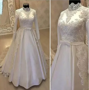 דובאי ערבית מוסלמית שמלות כלה 2024 לבן תחרה, אפליקציות סאטן צוואר גבוה קו החלוק De Mariage שרוולים ארוכים שמלות כלה