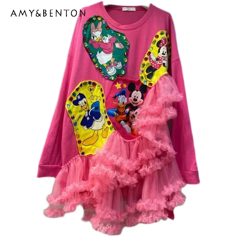 ליפול 2023 מצוירת חדשה שמלת חרוזים יהלום תלת ממדים פרחים תפרים רשת T-shirt נשים Midi שמלה Y2k אביזרים