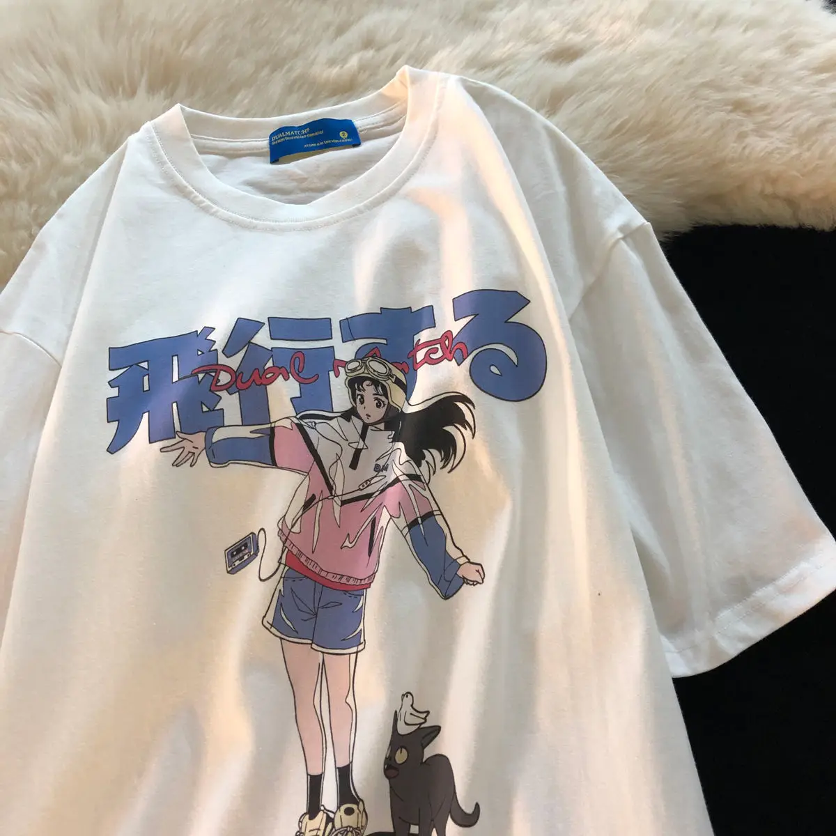 היפ הופ ילדה קריקטורה חתול קומיקס יפני חמוד עדין בסגנון מודפס רחוב בגדים Harajuku אנשים של קיץ, שרוול קצר חולצה