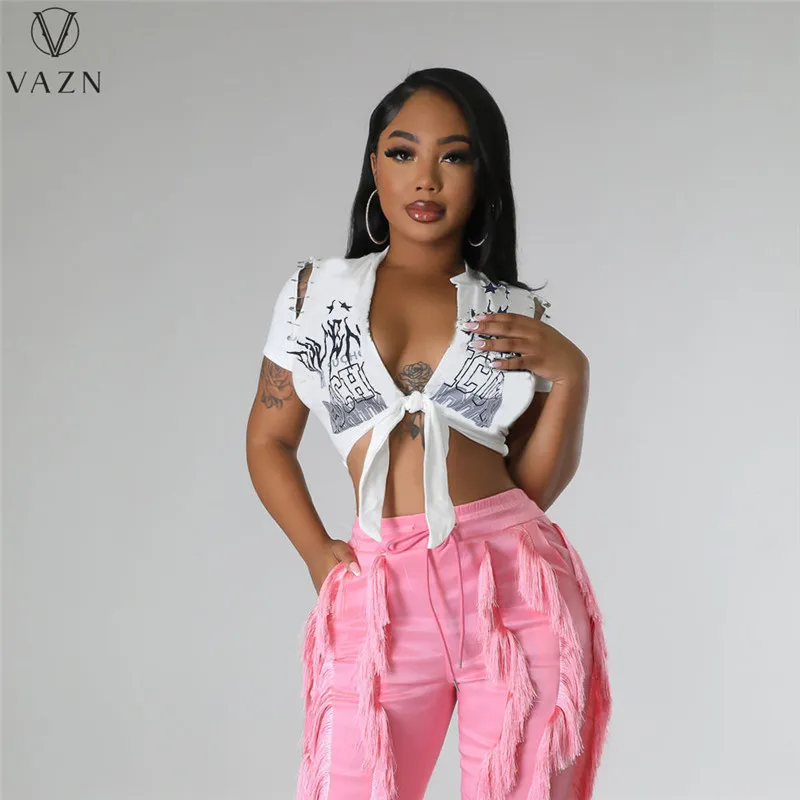 VAZN 2023 אופנה חדשה מודפס חם מכירת רחוב היפ הופ סגנון קצר חולצת נשים חדש שרוול קצר צוואר V מזדמן חולצת