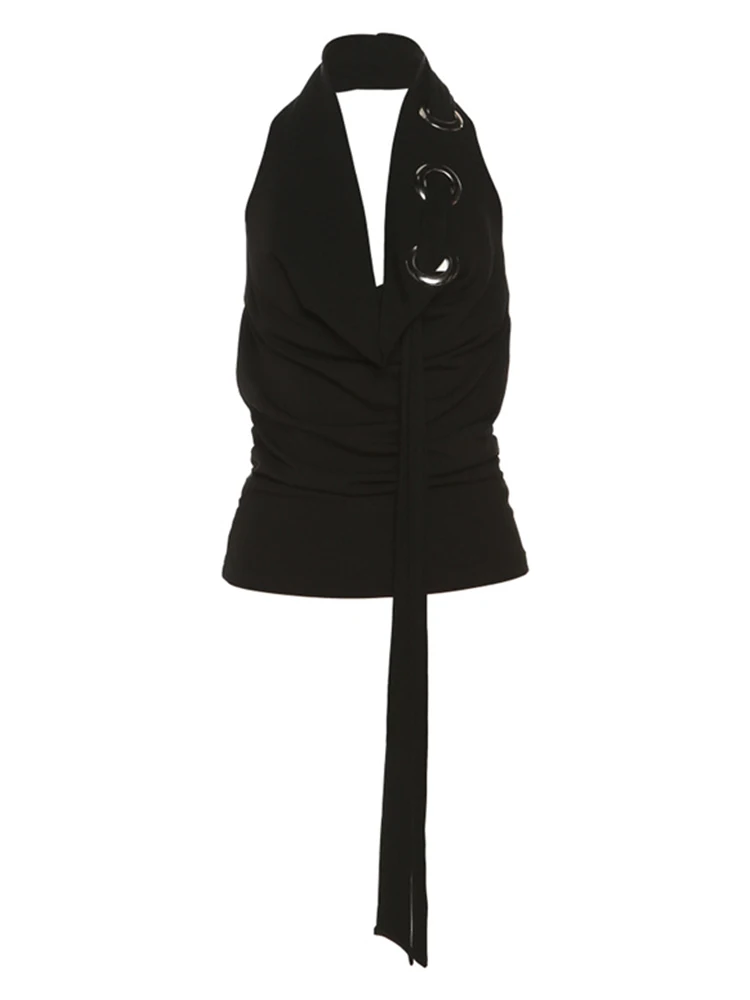 נשים וינטאג ' שחור גותי גופיות אופנה גזורה חולצות סטרפלס האפוד הלטר הצוואר מן הכתף Y2k נקבה הקיץ 2023