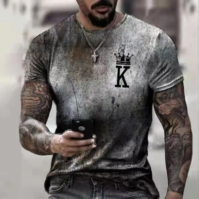 קיץ אופנה חולצת הטריקו של הגברים יומי מזדמן ברחוב כותנה רופף פוקר K הדפסת צבע צוואר עגול שרוול קצר Y2k מקסימום