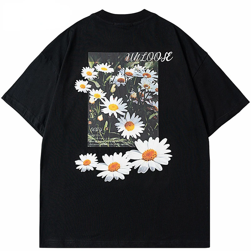 היפ הופ אופנת רחוב Oversize חולצה דייזי מודפסים חולצה Harajuku כותנה רופף 2023 חולצת טי לגברים שרוול קצר חולצות Tees שחור