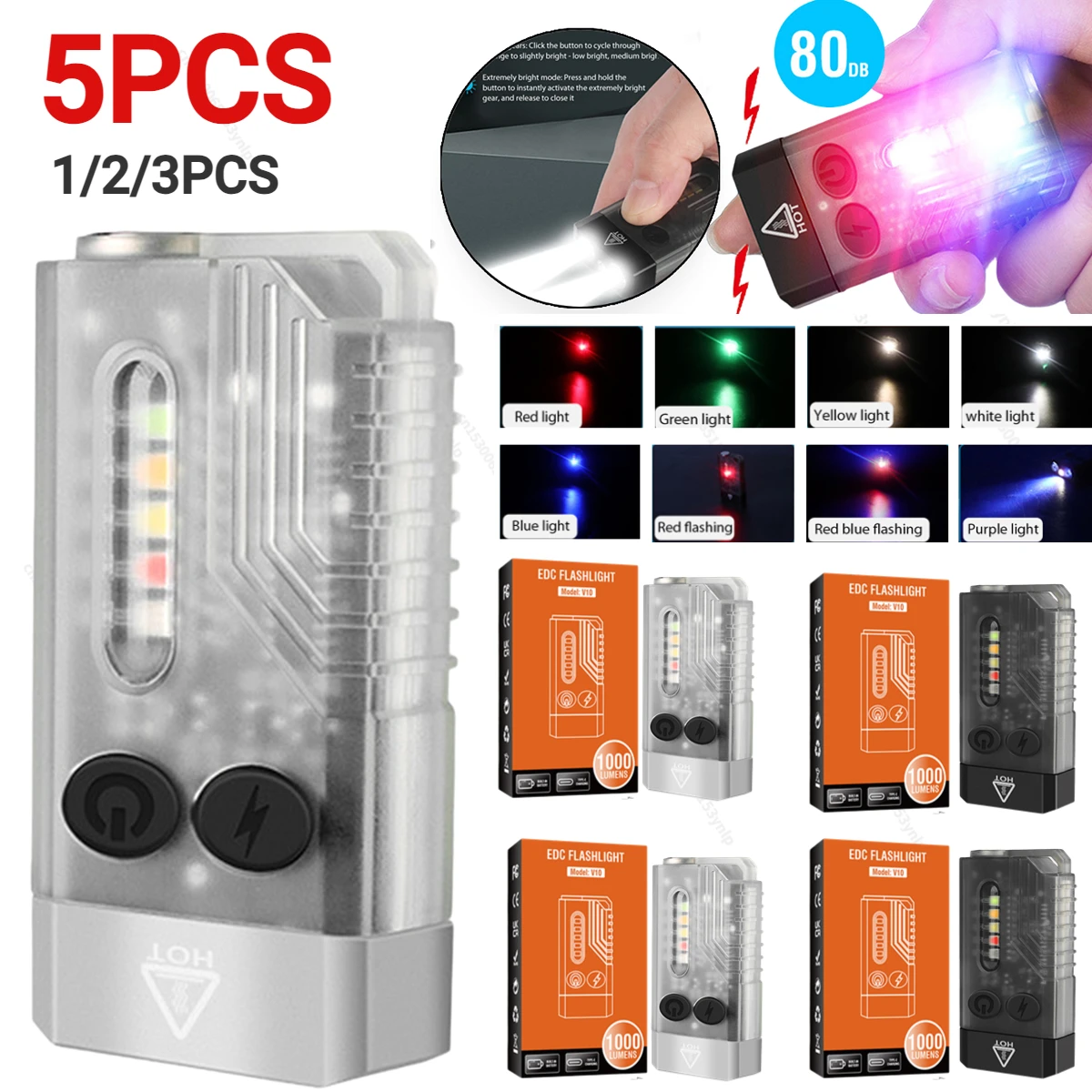 1-5PCS V10 EDC מפתחות פנס בצורת אור מסוג-C נטענת מיני לפיד עובד אור עם מגנט UV ביפ נייד פנס קמפינג