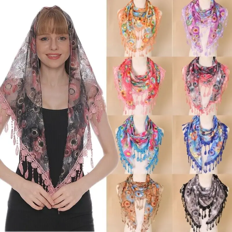 אופנה נשים תחרת פרח משולש לעטוף את כיסוי הראש הנשי ציציות צעיפים צעיפים הקיץ דק חיג ' אב בגימור אביזרים לשיער