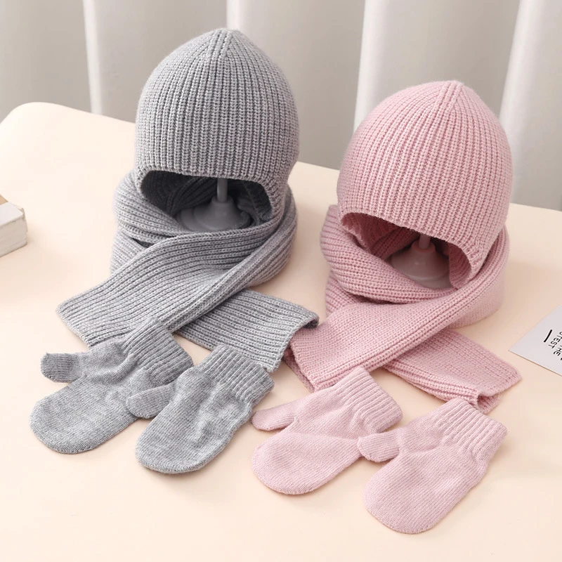 חורף חם לתינוק כובע כפפות צעיף שלוש חתיכת קבוצה התינוק החדש מוצק האוזן הגנה מוצק צבע כובע סרוג 3-18 עש