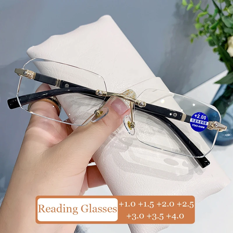 Frameless אנטי-אור כחול זוקן ראייה משקפיים מסגרת מרובעת משקפי קריאה אופנה סיים רחוק ראייה משקפיים Diopter עד +4.0