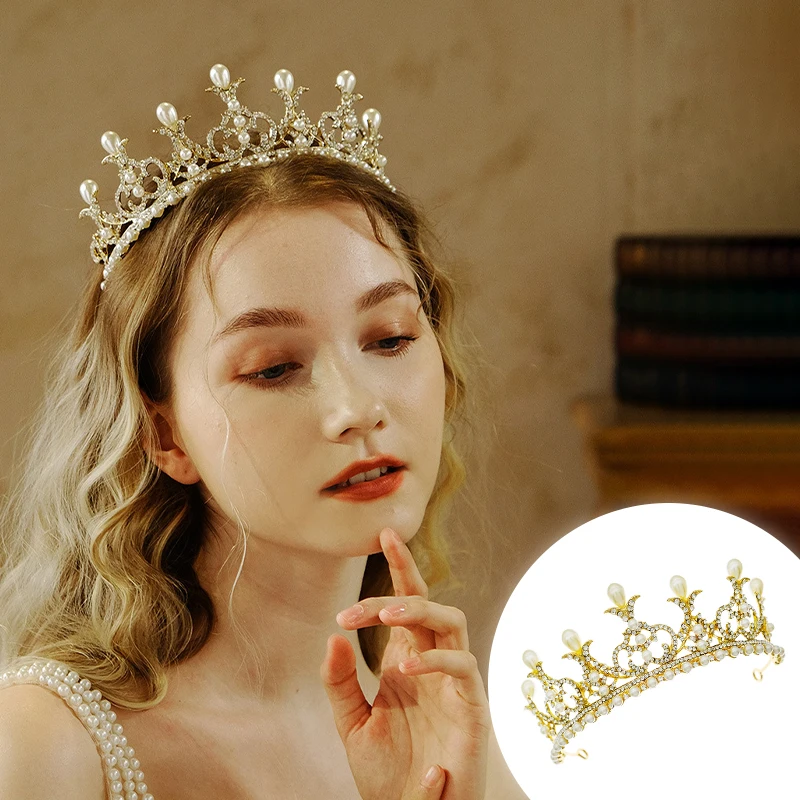 Luxurly הכתר הכובעים הנסיכה אלגנטי פרל ריינסטון כתרים חתונה כלה לשיער במסיבת בנות הכתר תכשיטי שיער ראש
