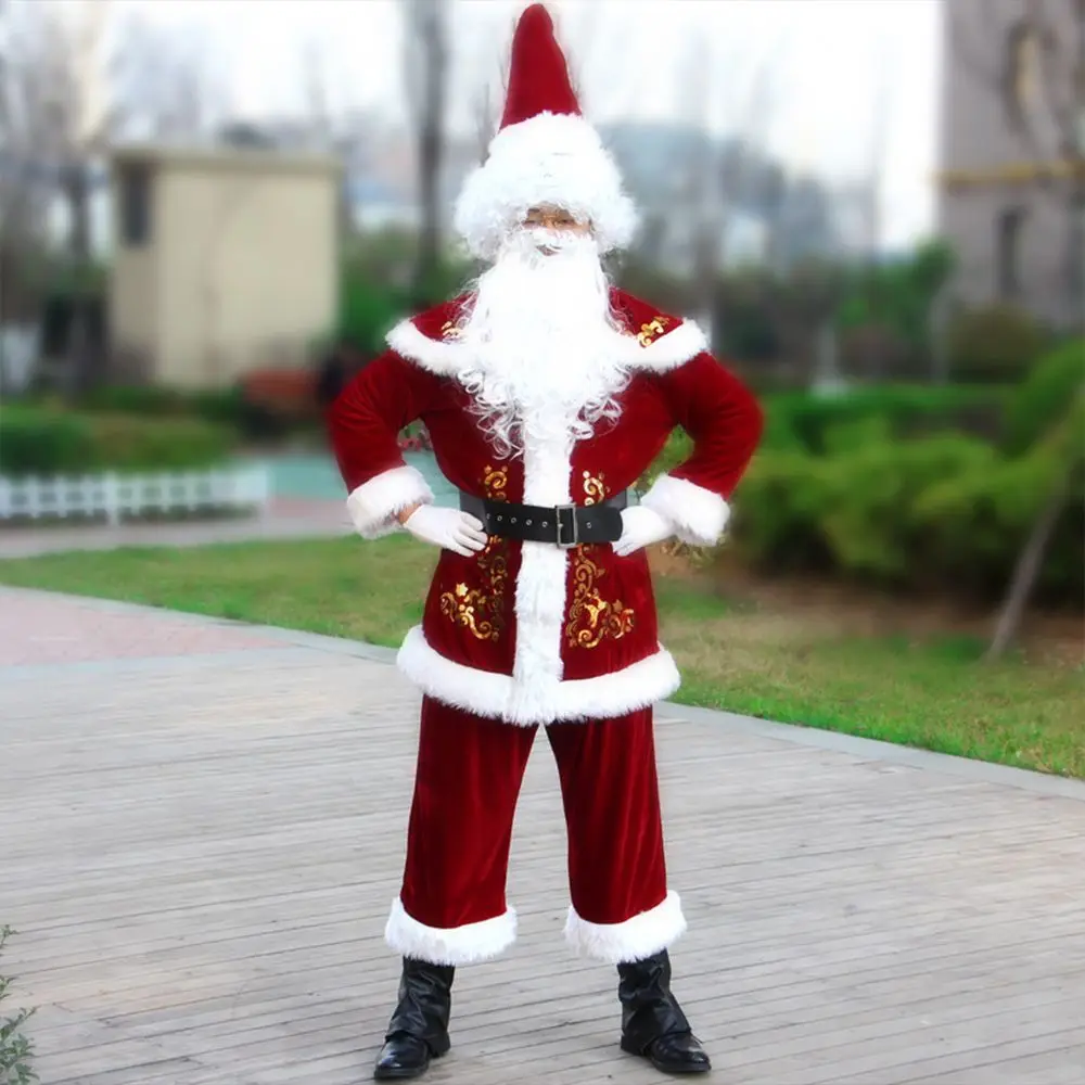 10PCS חדש סנטה קלאוס תחפושת איש מבוגר Cosplay חג המולד סנטה קלאוס חליפת קטיפה אדומה מפוארת אבא חג המולד Cosplay בגדים
