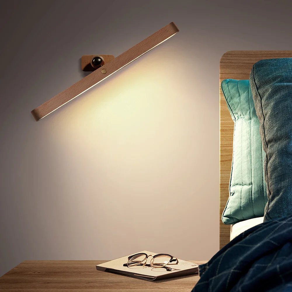 עץ LED לילה אור המראה הקדמית מלא אור נטענת נייד מגנטי מנורת קיר חדר השינה ליד המיטה מנורה