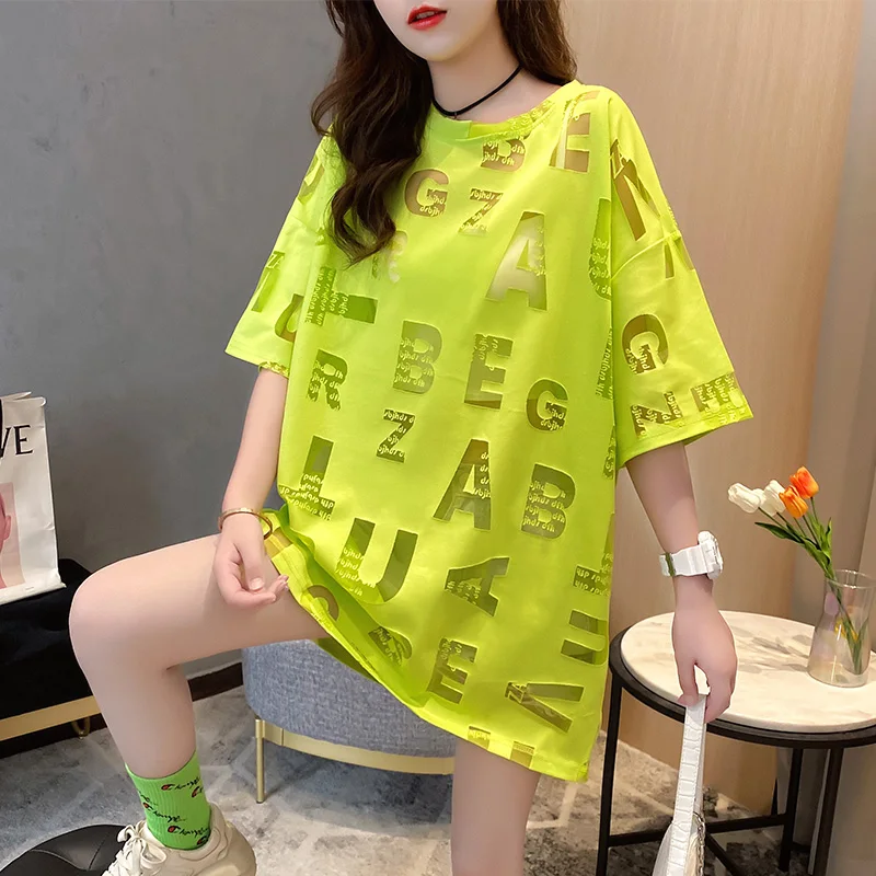 ניאון צהוב ורוד ארוך חולצת נשים מלא מכתבים חלול החוצה חולצה נשית רזה חופשי Harajuku אופנת רחוב חולצה סקסית ER986