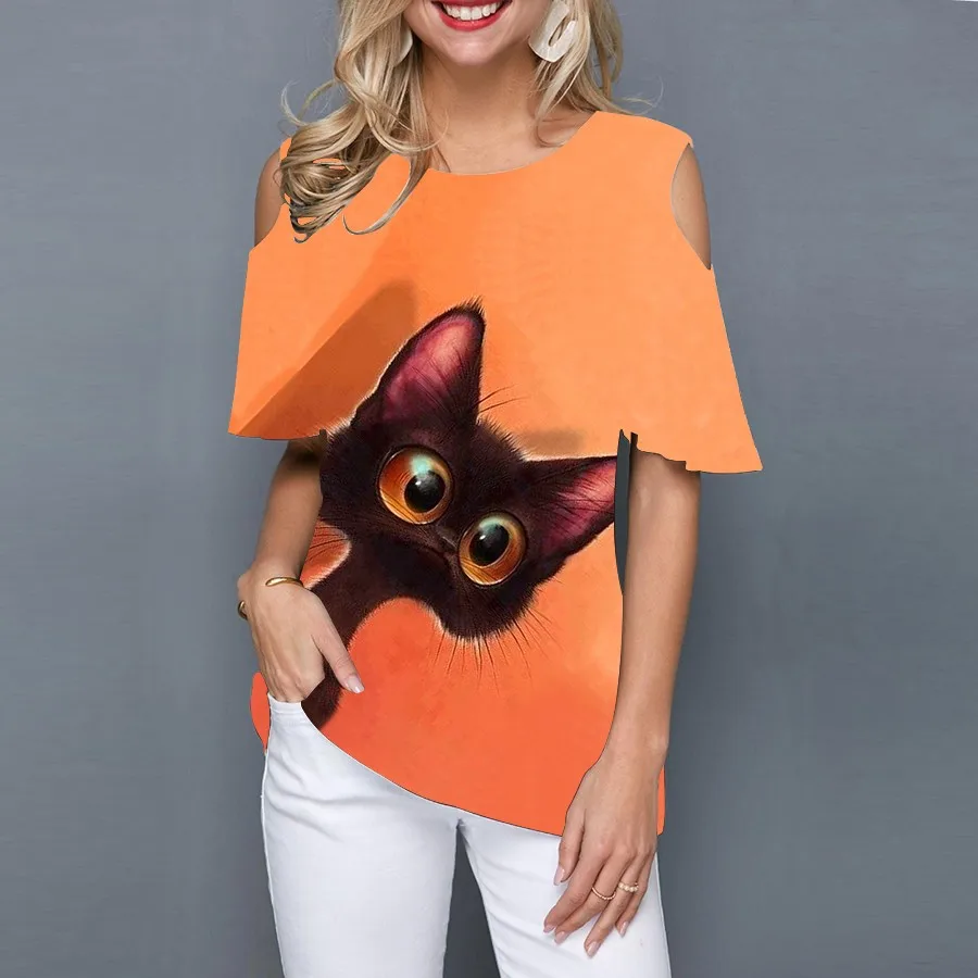 חמוד נשים קיץ צוואר צוות Off-כתף שרוול קצר חולצה 3D חתלתול חמוד הדפסה קט נשים העליונה של רחוב ללבוש מזדמנים