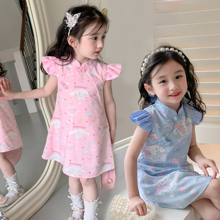 Kawaii Sanrio ילדים Cheongsam שמלת קריקטורה אנימה בסגנון סיני Cinnamoroll ילדה תחפושת מתוקה שרוול קצר צ ' יפאו מתנה