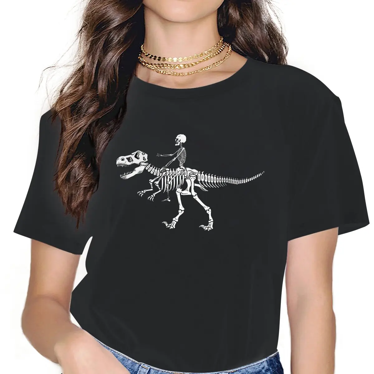 נשים שלד רוכב על דינוזאור חולצת טי-רקס שלד 100% כותנה ביגוד כיף שרוול קצר Tees צוואר עגול חולצת הטריקו