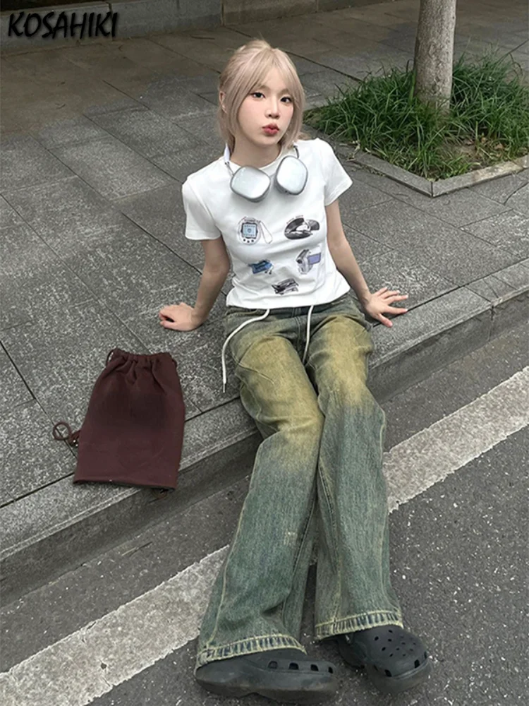 2023 אופנה הקיץ גרפי חולצות חדשות Y2k אסתטיקה Kawaii יבול מקסימום אופנת רחוב חמוד גראנג קצר חולצה שרוול סלים לנשים