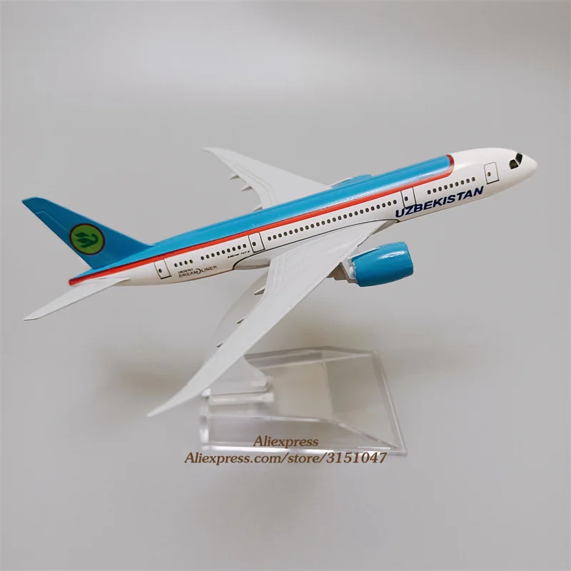 סגסוגת מתכת אייר אוזבקיסטן איירליינס בואינג 787 B787 מטוס דגם אוזבקיסטן איירווייס המטוס מודל לעמוד מטוסים ילדים מתנות 16cm