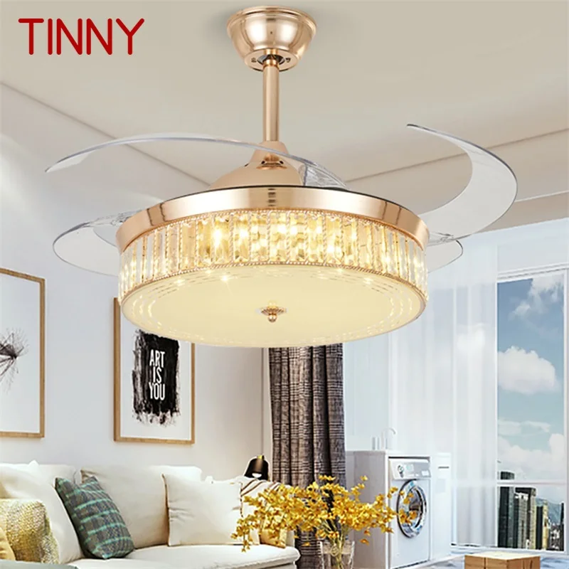 מתכתי מאוורר תקרה אור בלתי נראה זהב יוקרה קריסטל מנורת LED עם שליטה מרחוק מודרני הבית.