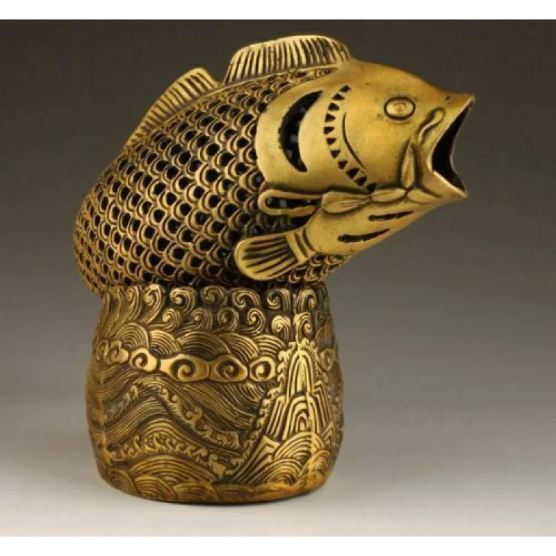 עתיק פליז ברונזה הון מטבע ראש דג פסל תיבת קטורת מבער מבער קטורת