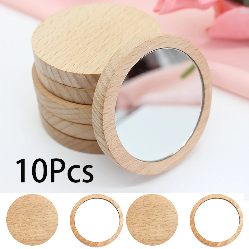 10Pcs מיני עץ מראת איפור נייד קטן עגול במראה תלמיד מראת איפור נשים מראה קוסמטית