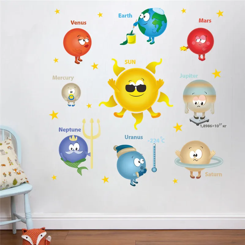קריקטורה כוכבי הלכת של מערכת השמש קיר מדבקה בגן הילדים חדר ילדים הביתה לקישוט חדר הילדים ציור קיר אמנות מדבקות קיר