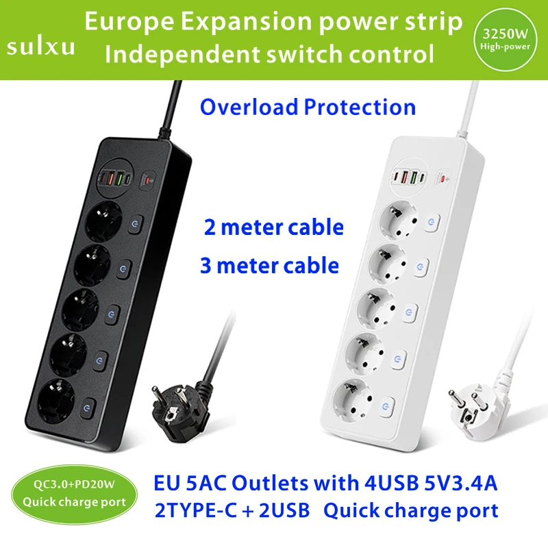 אירופה שקע חשמל עם שליטה עצמאית מתג， 5AC שקעים עם כבל USB-A, USB-C טעינה, 3250W הרחבת רצועת כוח