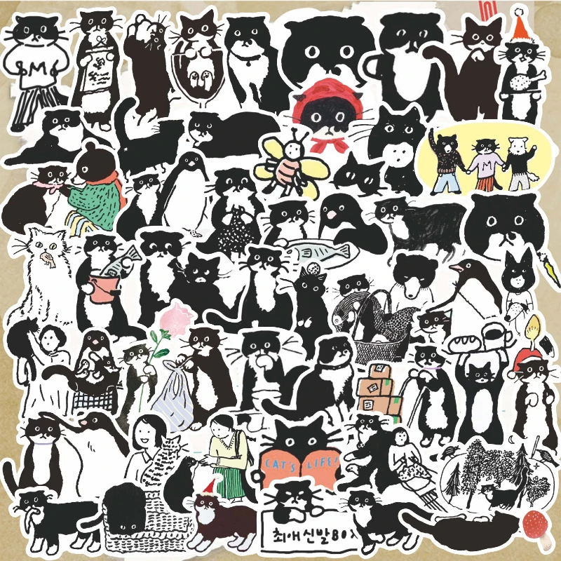70 חתול מדבקות מחמד חמוד שחור ולבן יצירתי קריקטורה אישיות ריפוי לקשור חשבונות אלבום מדבקות קישוט קישוט