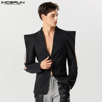 2023 גברים בלייזר מוצק דש שרוול ארוך כפתור אחד לא סדיר חליפות גברים אופנת רחוב חלול החוצה אופנה מעילים דקים S-5XL INCERUN