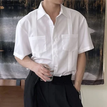 2023 גברים דש החולצה שרוול קצר כיסים צבע מוצק קיץ גברים בגדי אופנת רחוב קוריאני אופנה מזדמן חולצות S-5XL INCERUN