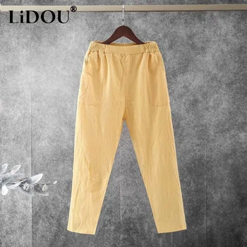 2023 קיץ חדש צבע מוצק אלסטי המותניים כיסים Haren מכנסיים נשים טהור כותנה דק בסגנון חופשי כל-התאמה מכנסיים באורך קרסול
