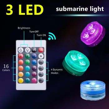 3 LED-שלט רחוק IR צלילה אור האור מתחת למים IP68, עמיד למים צוללת אור בריכת שחייה צף מנורת אורות גן