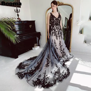 Booma שחור אלגנטי שמלות חתונה צוואר V שרוולים תחרה Bridals צד שמלות רכבת לטאטא ערב שמלות כלות לחתונה.