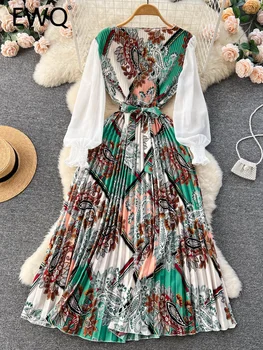 EWQ מתוק בסגנון Y2K זמן dresse לנשים להדפיס פאף שרוולים עם קפלים טלאים גבוהות מותן, שמלות לאביב קיץ 2023 חדש SN0976