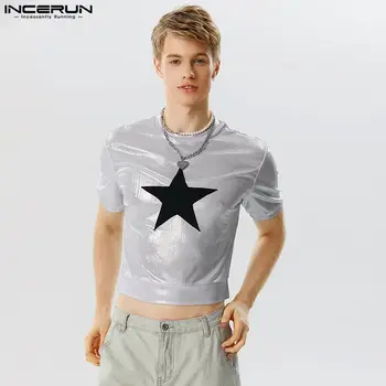 INCERUN מקסימום 2023 נאה של גברים אופנה פלאש בד טלאים חולצות מזדמנים מסיבת כוכב מודפס קצר עם שרוולים Camiseta S-5XL
