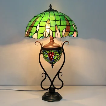 LongHuiJing 16Inch ירוק ויטראז ' אהיל מנורת שולחן טיפאני סגנון השולחן עם אורות צבעוניים זכוכית מואר בסיס