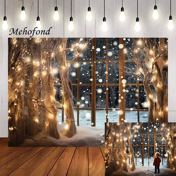 Mehofond צילום רקע חג המולד שלג בחורף היער נצנצים חלון חג המולד הילד משפחתית עיצוב רקע צילום סטודיו