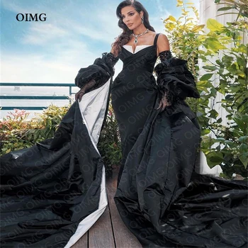 OIMG המלכותי שחור קו תחרה ארוכות שמלות ערב ספגטי ערבית נוצץ שמלות לנשף רשמי לחגוג אירוע שמלה בתוספת גודל
