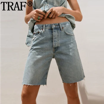 TRAF נשים 2023 כחול ג 'ינס קצרים באמצע המותן מכנסי ברמודה אישה Y2K אופנת רחוב ג' ינס קצרים על נשים אופנה קיץ קצרים.
