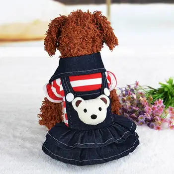 XS-XL הכלב ג 'ין שמלה לחיות מחמד, בגדים לכלבים, פס גור בגדים כלב קטן מעיל קפוצ' ון חמוד הכלב אריג רקום חצאית ג ' ינס