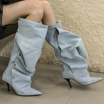גבירותיי הברך גבוה ג ' ינס מגפי אופנה כפתור מתכת נשי דק עקבים נעליים נעליים זמן מגפיים מערביים עבור אישה חדשה בנעליים