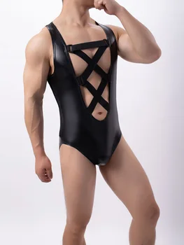 גבר סקסי תחבושת חלול החוצה בגד גוף רשת PU דמוי עור טלאים אחד החלקים הצמודים סלים Shapewear הומו ללבוש בגד גוף לריקוד