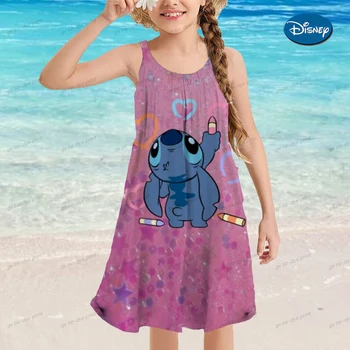 דיסני תפר מודפס Beach Resort ילדה שמלת הקיץ 2 3 4 5 6 7 8 9 10 11 12 בת שרוולים חוף חצאית חוף גלישה