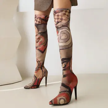 הדפסה נשים מגפי יוקרה דק עקבים Pionted הבוהן Y2K נעליים Silp-על Botas Mujer מעל הברך Bottines מעורב צבעים Tacones סתיו