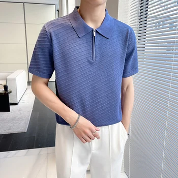 הקיץ של גברים אופנה באלכסון פסים דש עם שרוול קצר חולצות פולו הגירסה הקוריאנית של צבע מוצק מקרית רוכסן סלים פולו מקסימום