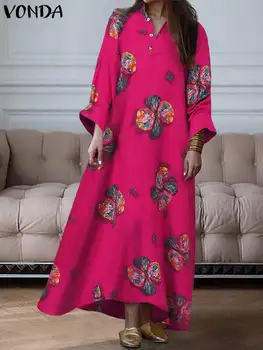 וונדה 2023 הקיץ בוהמי שמלת נשים וינטג ' פרחוני מודפס שמלות מזדמנים ארוכות שרוול רופף מסיבת Vestidos החוף חלוק נשי
