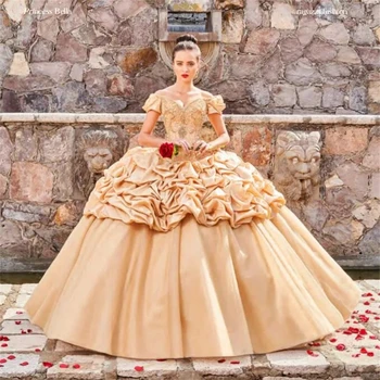 זהב קרו הטקס שמלות שמלת נשף את הכתף טול אפליקציות, פנינים נפוח מתוק מקסיקני 16 שמלות 15 Anos