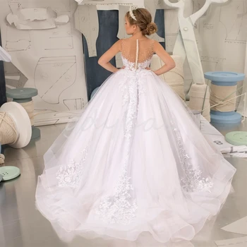 יוקרה אלגנטי לבן נפוח טול פרח ילדה שמלות חתונה נסיכת יופי כדור שמלת תחרה, אפליקציות הטקס הראשון ללבוש.