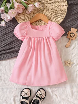 ילדה שמלת צוואר מרובע שרוול קצר מוצק פשוט קו-שמלת ילדה תינוק חמוד שמלה מתוקה 0-3Y