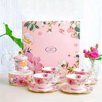 כוס קפה ותחתית סט קרמיקה ורוד פרח כוס תה שכבה כפולה קינוח מגש אחר הצהריים Teaset קוריאנית חינניות חתונה אלגנטית מתנה