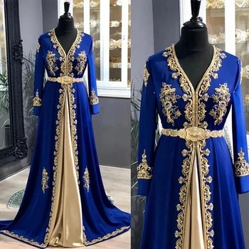 כחול רויאל מרוקאי Kaftan המוסלמים שמלות ערב קו A V-צוואר שרוולים ארוכים אפליקציות דובאי ערבית טורקיה גלימה אסלאמית שמלת