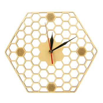 מינימלי חלת דבש עץ, שעון קיר משושה עיצוב הבית גיאומטריות שעון קיר דבורה מתנת מאהב עכשווי כפרי עץ, שעון